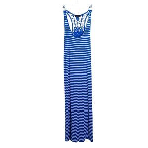 SPIAGGIA DOLCE Women’s Cobalt Blue White Striped Maxi Dress Size L Crochet Back